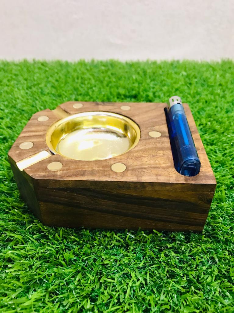 WOODEN CIGARETTE ASH TRAY With Lighter By Laly.pk