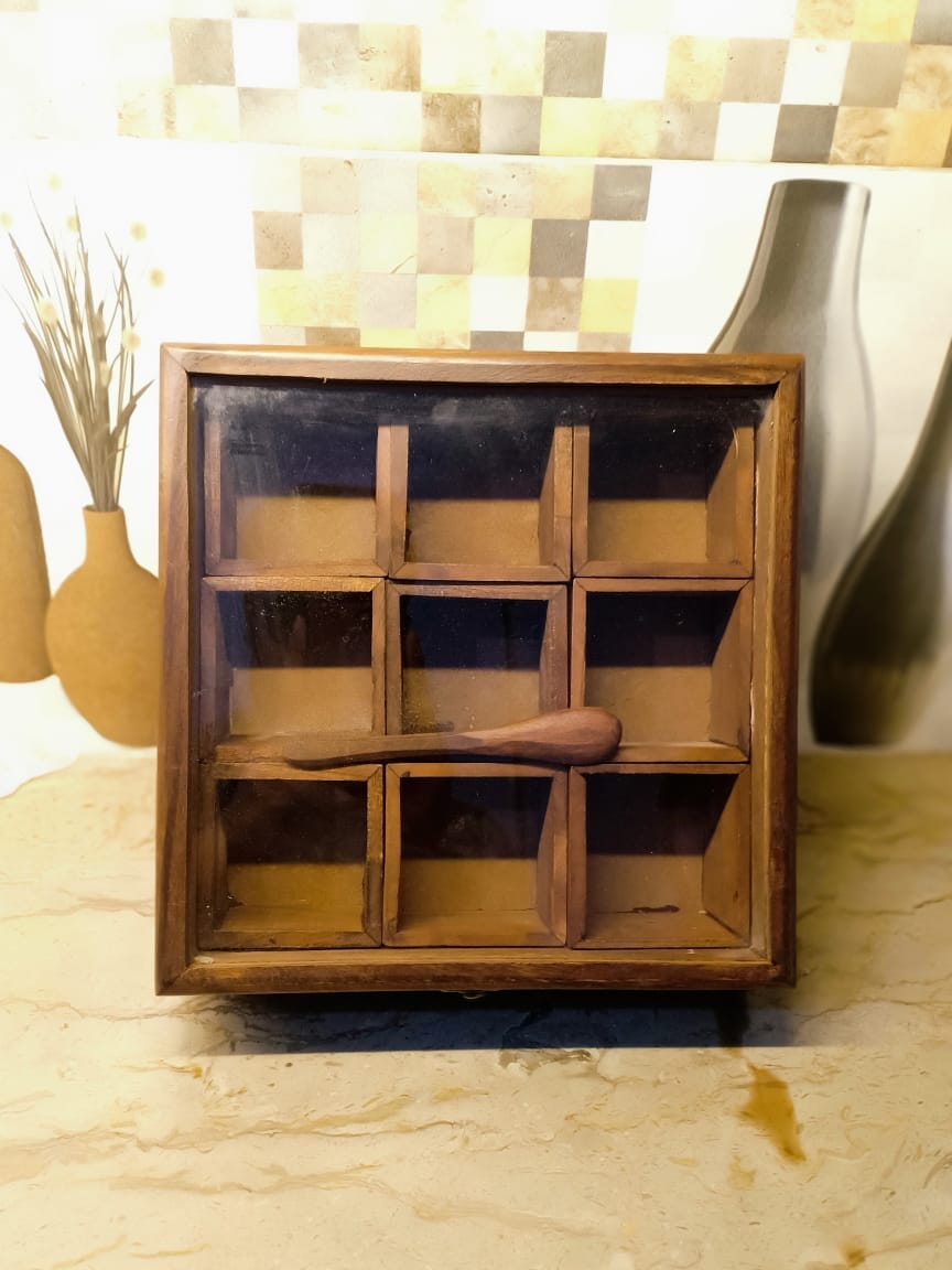 Wooden Square Spice Box - Beautiful Wooden Masala Box - laly.pk