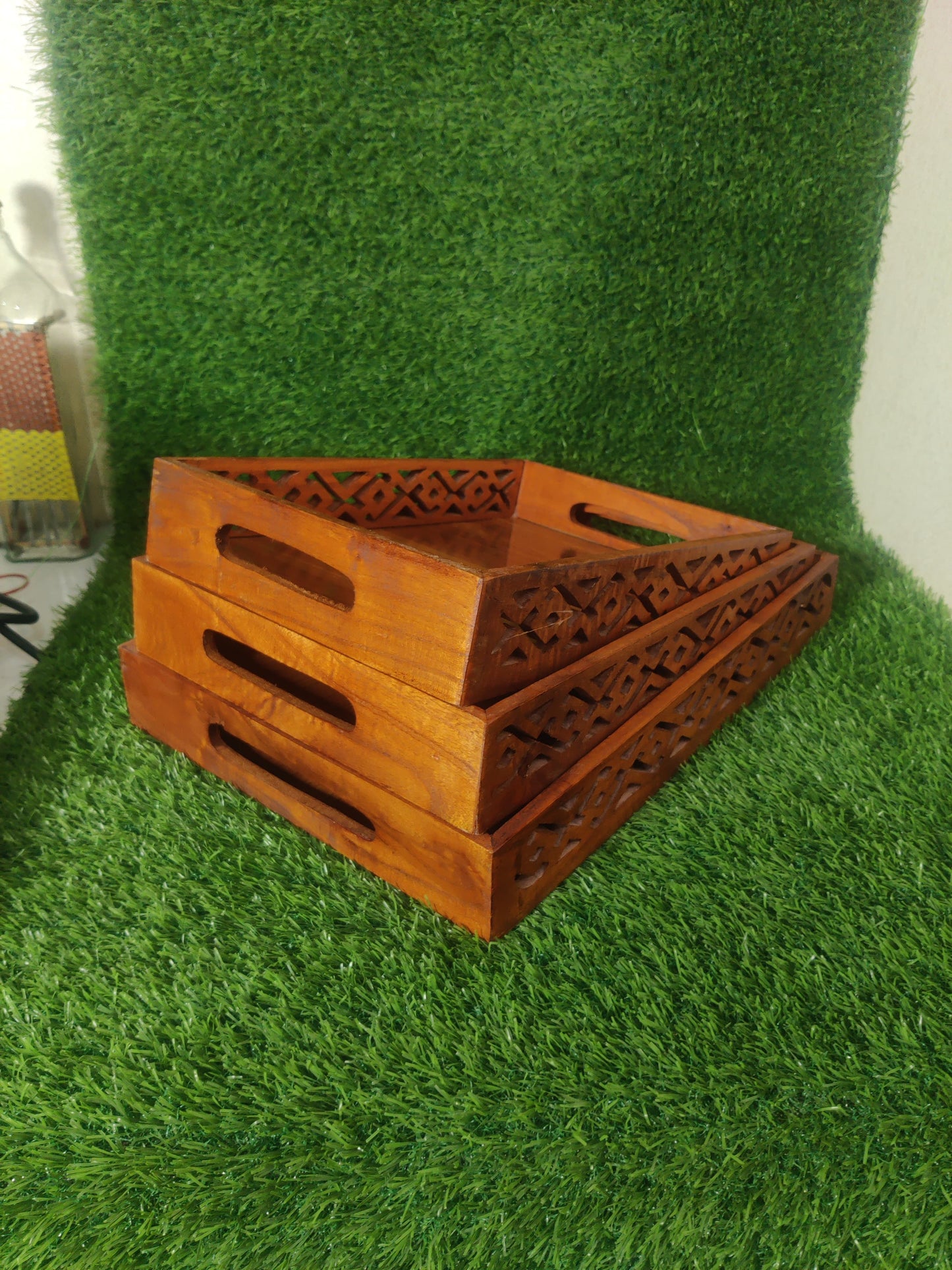 WOODEN SERVING TRAY SET OF 3 - Beautiful 3 Wooden Tray Set By laly.pk