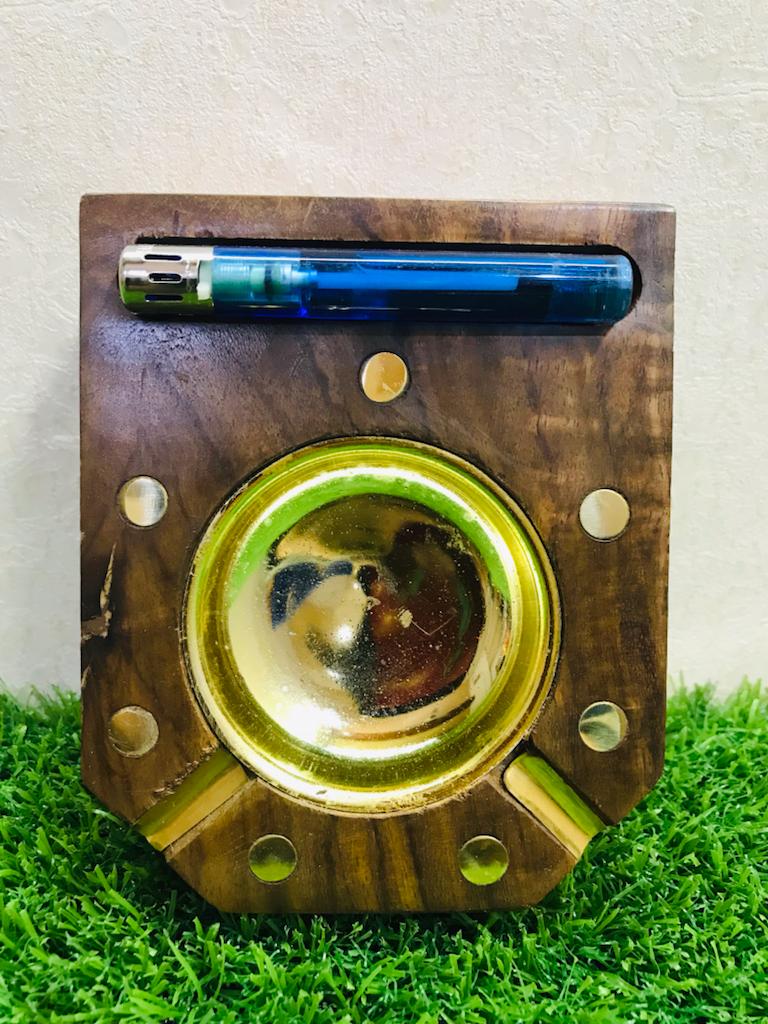 WOODEN CIGARETTE ASH TRAY With Lighter By Laly.pk