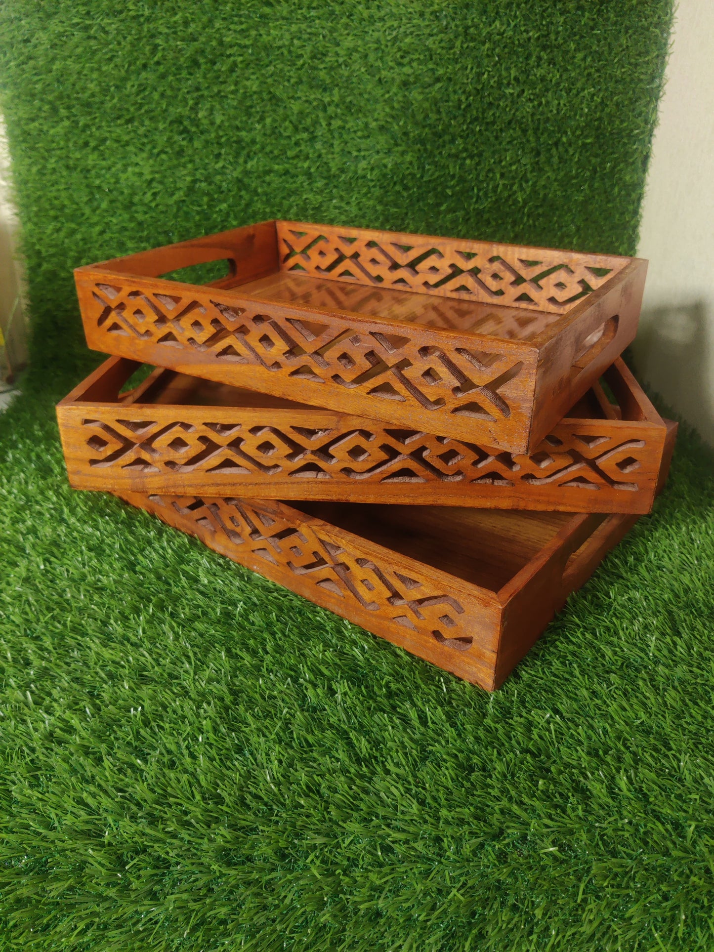WOODEN SERVING TRAY SET OF 3 - Beautiful 3 Wooden Tray Set By laly.pk