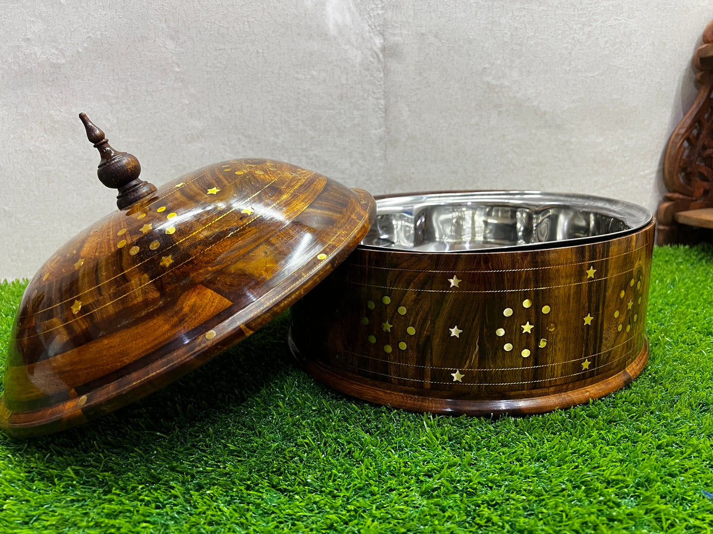 Hand-Made Wooden Hotpot With Brass & Carving Work - Wooden Hotpot By laly.pk