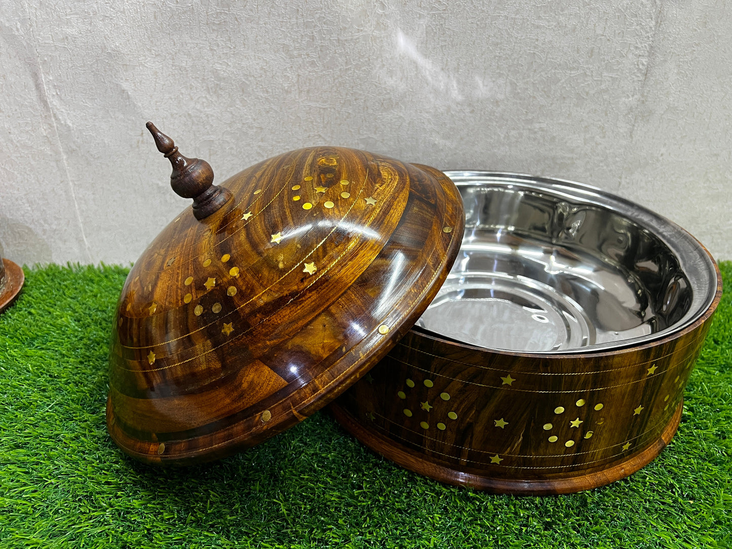 Hand-Made Wooden Hotpot With Brass & Carving Work - Wooden Hotpot By laly.pk