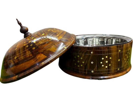 Hand-Made Wooden Hotpot With Brass & Carving Work - Wooden Hotpot By laly.pk