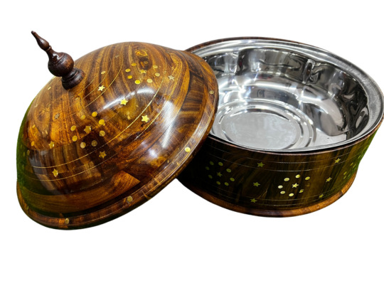 Hand-Made Wooden Hotpot With Brass & Carving Work - Wooden Hotpot By laly.pk