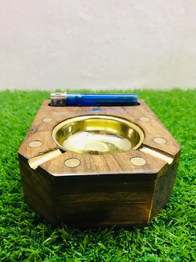 WOODEN CIGARETTE ASH TRAY With Lighter By Laly.pk