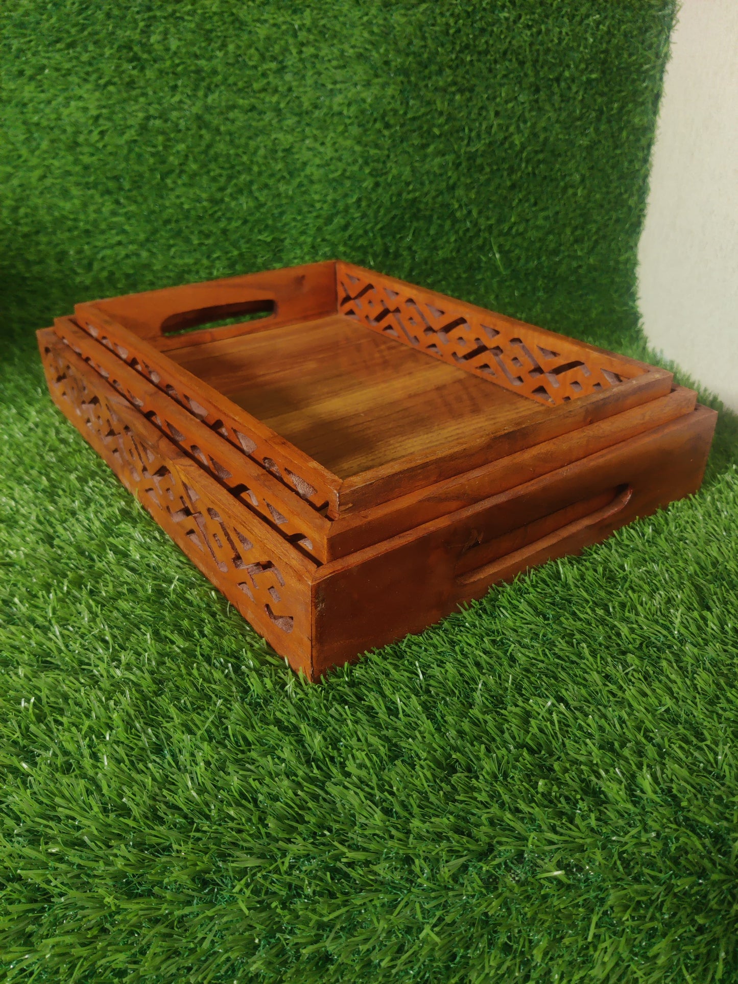 WOODEN SERVING TRAY SET OF 3 - Beautiful 3 Wooden Tray Set By laly.pk