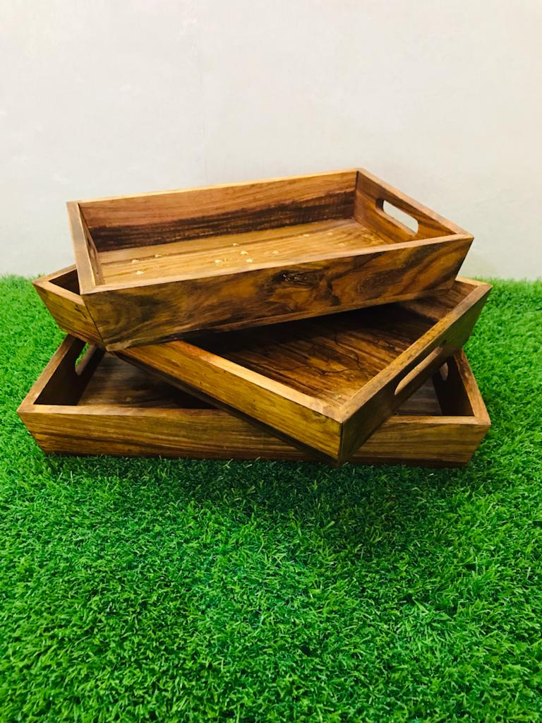SERVING TRAY SET OF 3 - Beautiful Wooden Brass Tray Set (laly.pk)