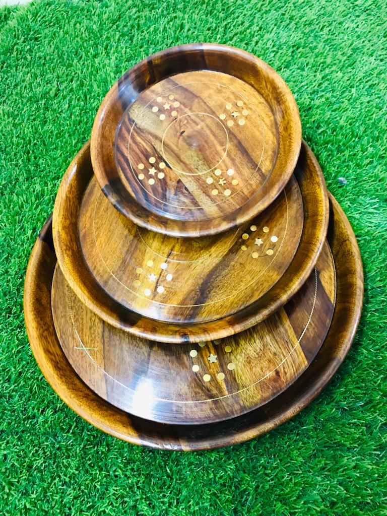 Hand-Made Round Wooden Tray Set OF 3 By (Laly.pk).