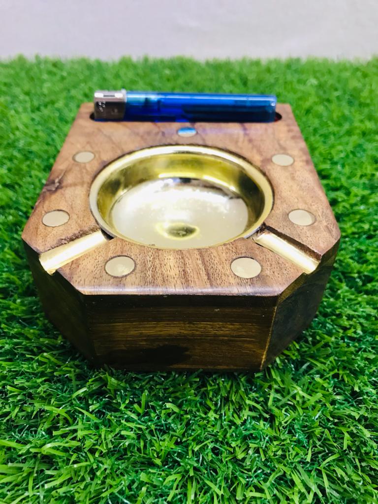 WOODEN CIGARETTE ASH TRAY With Lighter By Laly.pk