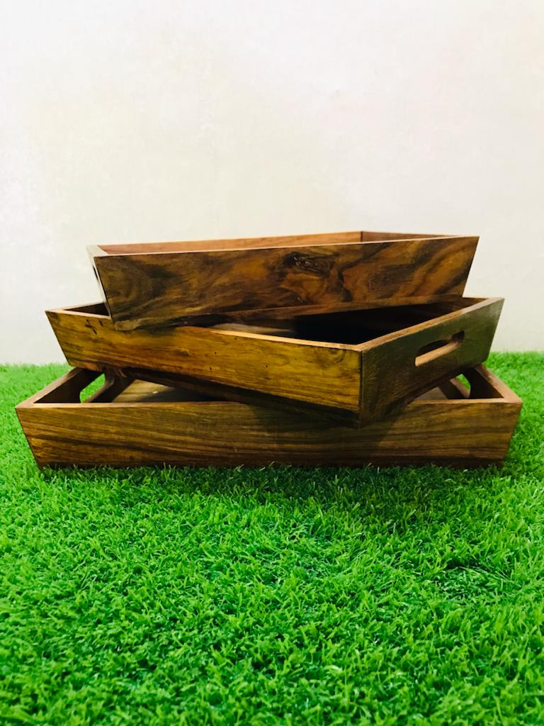 SERVING TRAY SET OF 3 - Beautiful Wooden Brass Tray Set (laly.pk)
