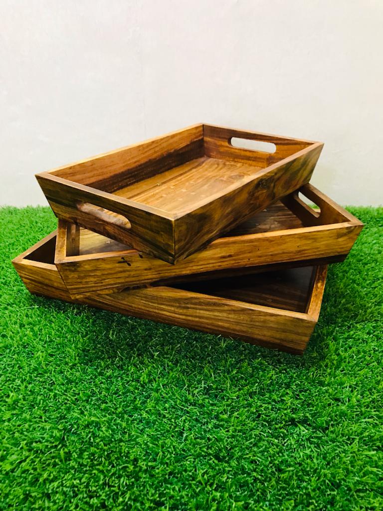 SERVING TRAY SET OF 3 - Beautiful Wooden Brass Tray Set (laly.pk)