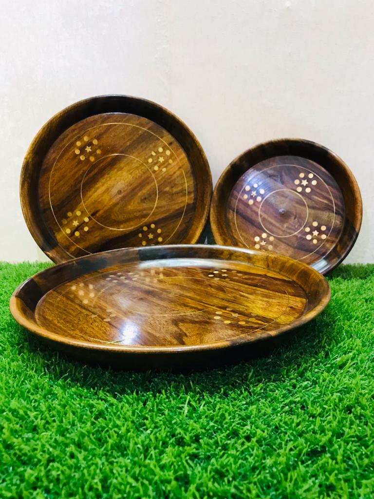 Hand-Made Round Wooden Tray Set OF 3 By (Laly.pk).