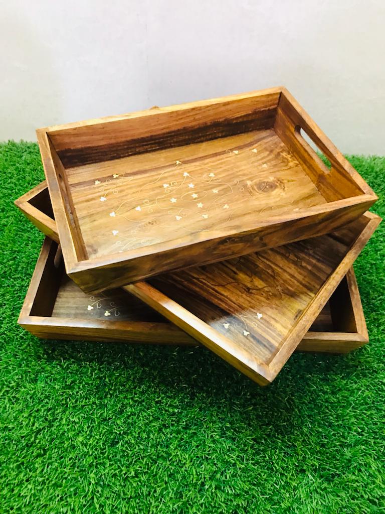 SERVING TRAY SET OF 3 - Beautiful Wooden Brass Tray Set (laly.pk)