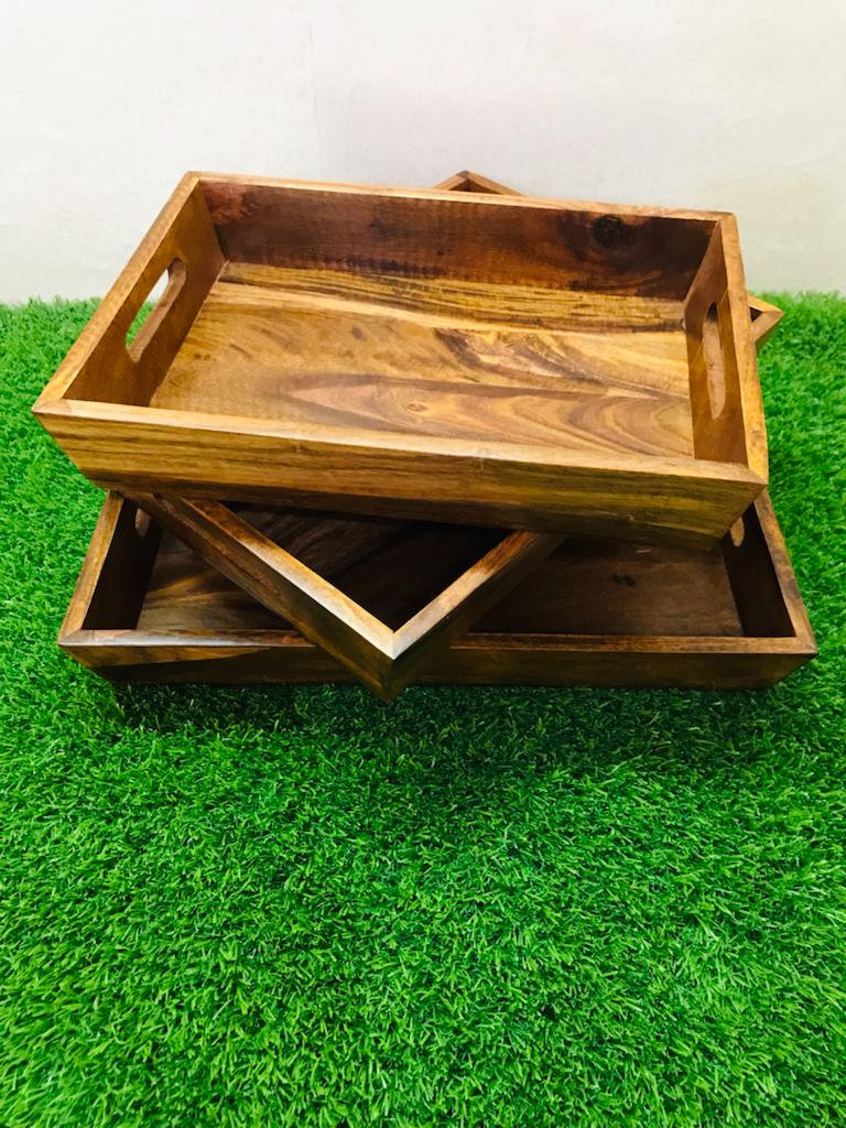 SERVING TRAY SET OF 3 - Beautiful Wooden Brass Tray Set (laly.pk)