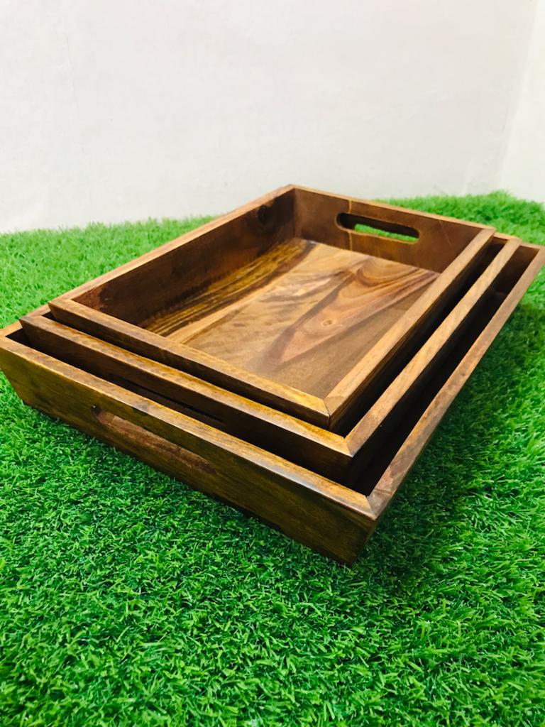 SERVING TRAY SET OF 3 - Beautiful Wooden Brass Tray Set (laly.pk)