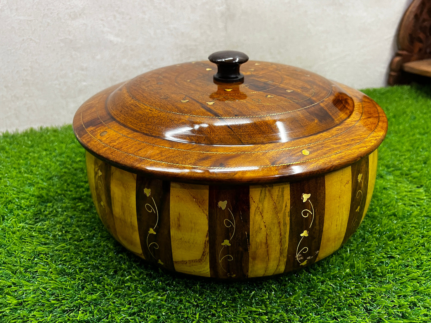 HAND-MADE Wooden HotPot With BRASS & CARVING WORK - Wooden Hotpot By laly.pk