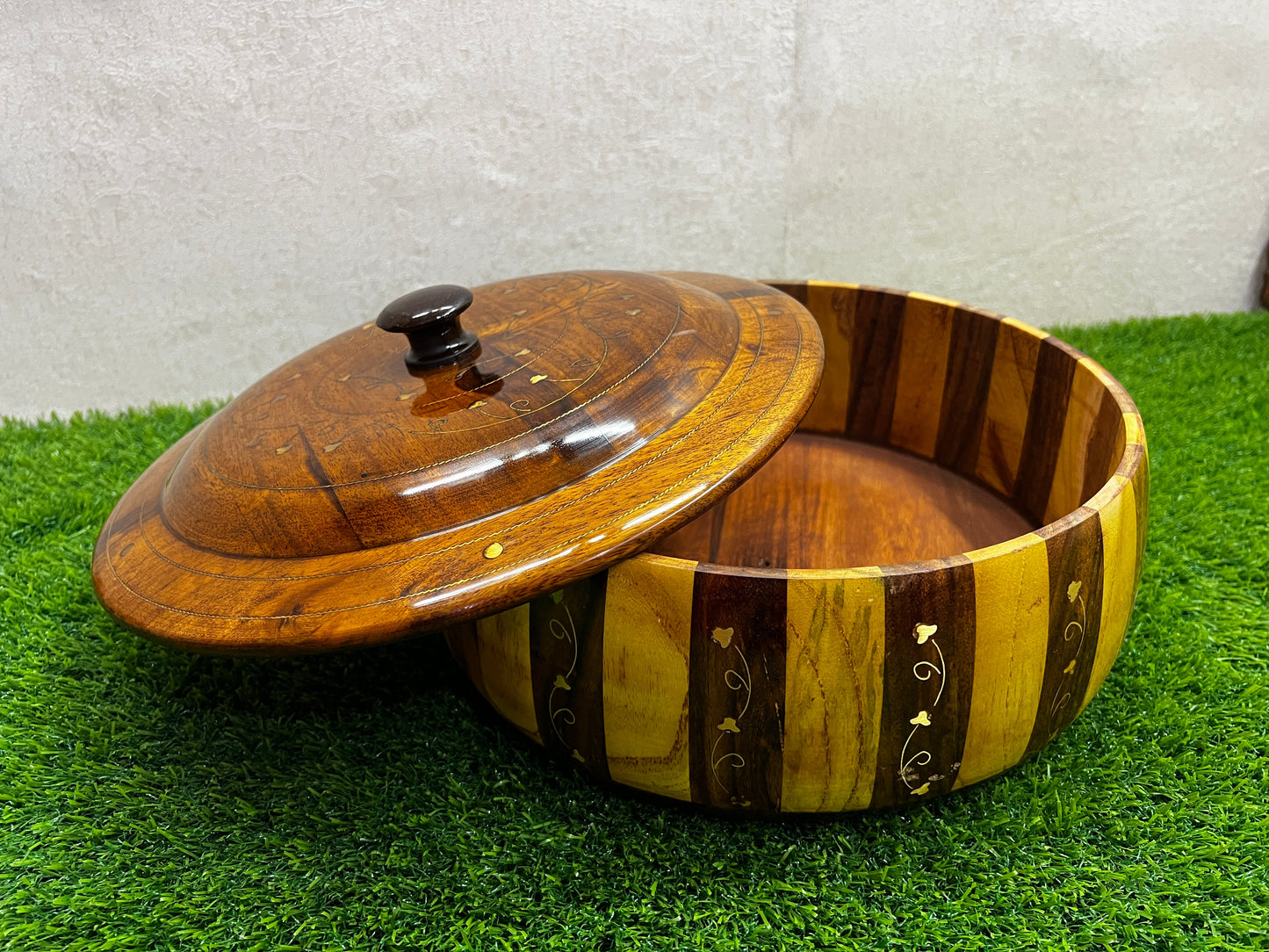 HAND-MADE Wooden HotPot With BRASS & CARVING WORK - Wooden Hotpot By laly.pk