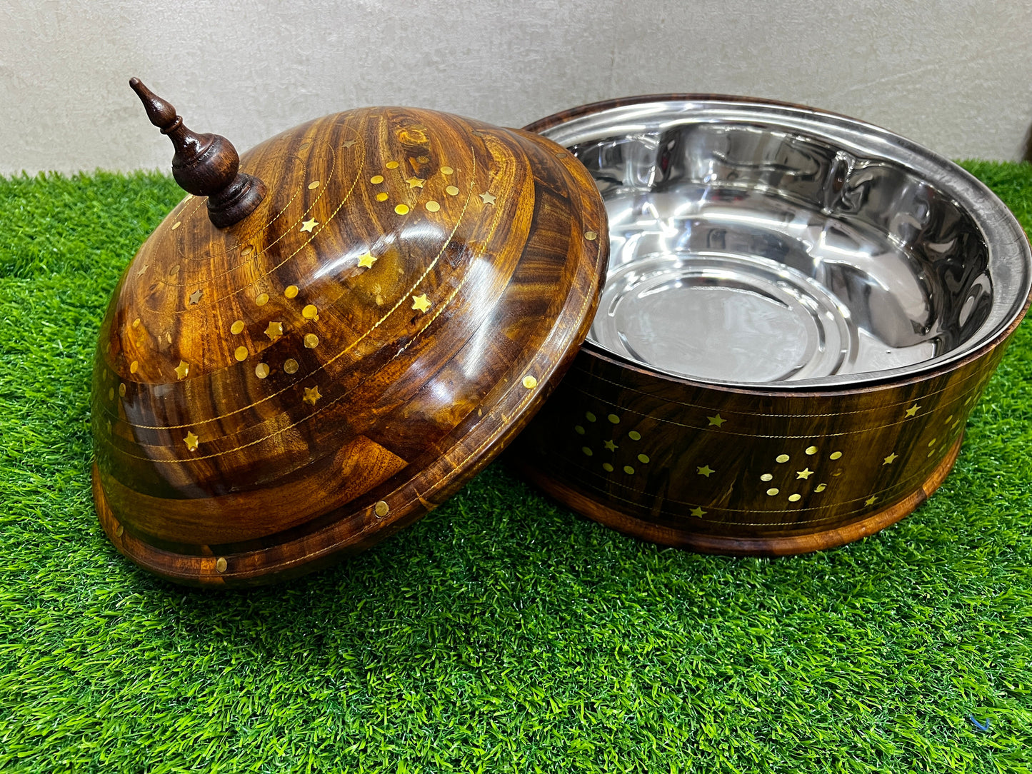 Hand-Made Wooden Hotpot With Brass & Carving Work - Wooden Hotpot By laly.pk