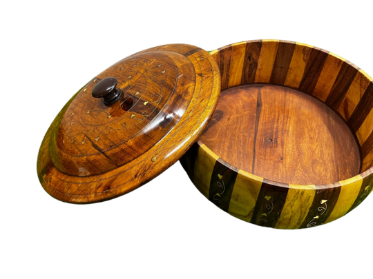 HAND-MADE Wooden HotPot With BRASS & CARVING WORK - Wooden Hotpot By laly.pk