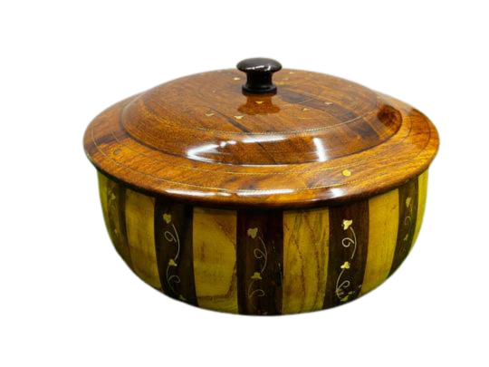 HAND-MADE Wooden HotPot With BRASS & CARVING WORK - Wooden Hotpot By laly.pk