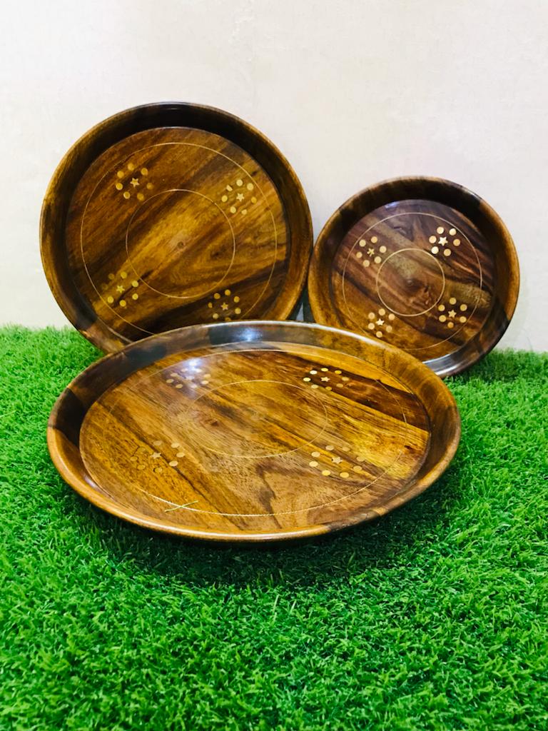Hand-Made Round Wooden Tray Set OF 3 By (Laly.pk).