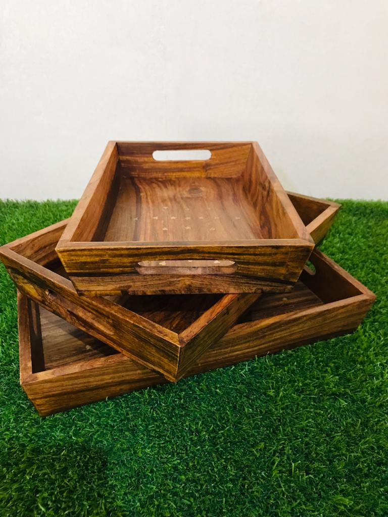 SERVING TRAY SET OF 3 - Beautiful Wooden Brass Tray Set (laly.pk)