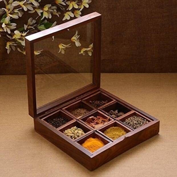 Wooden Square Spice Box - Beautiful Wooden Masala Box - laly.pk