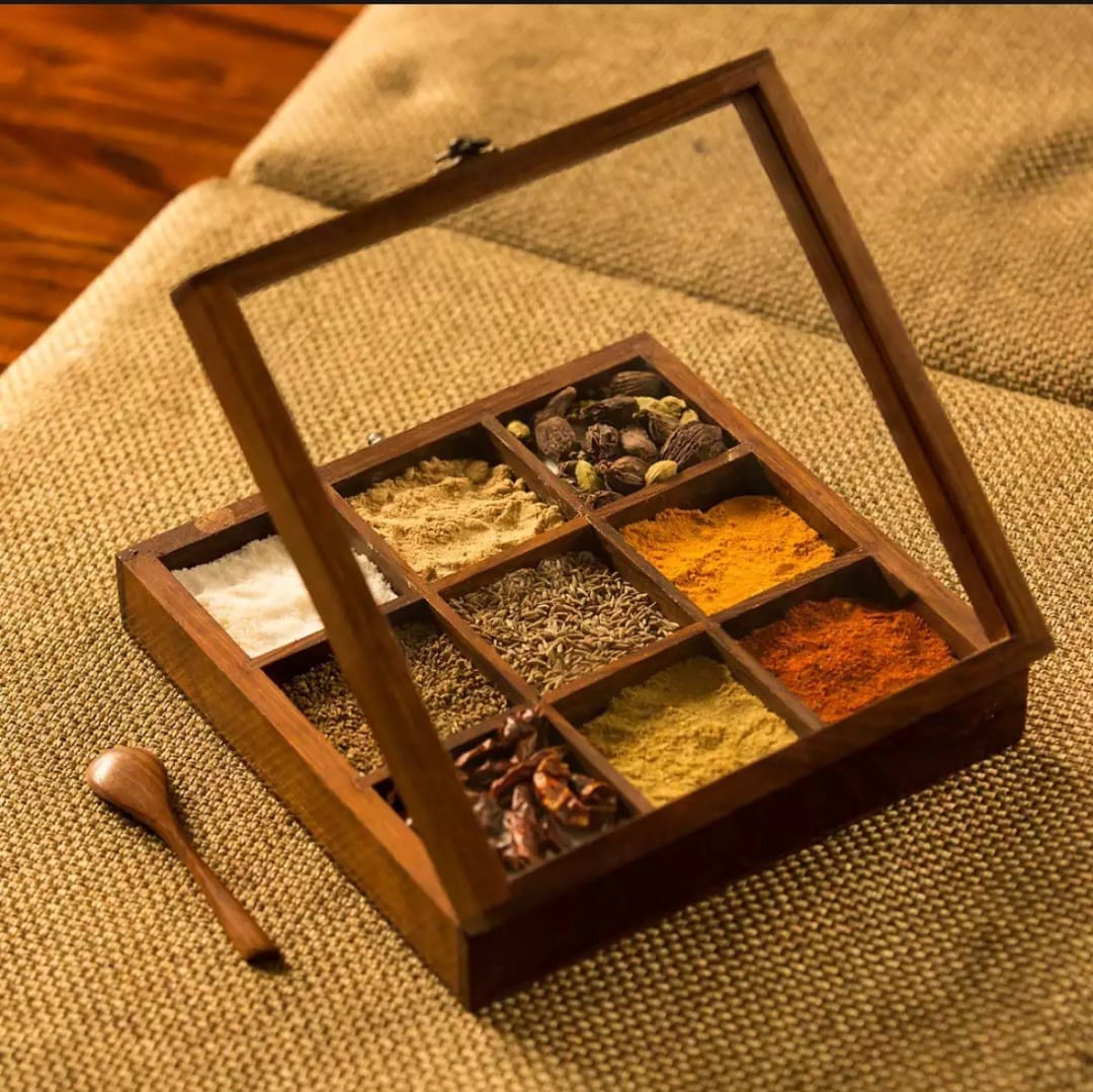 Wooden Square Spice Box - Beautiful Wooden Masala Box - laly.pk